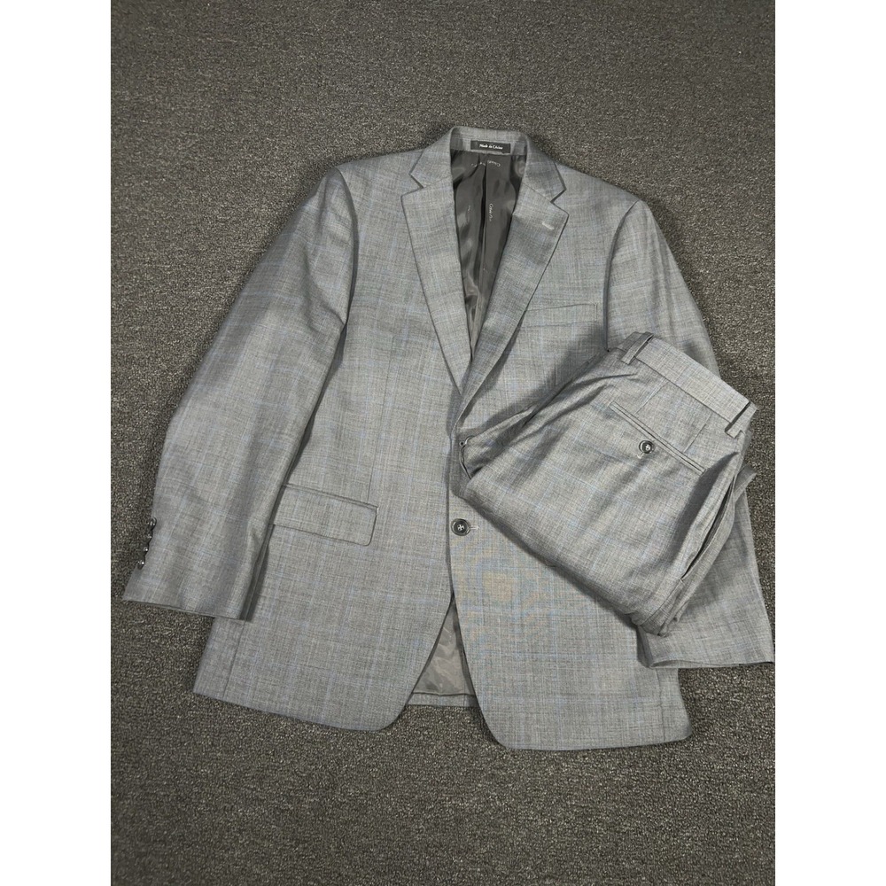 Calvin Klein 2 Piece Suit Men's 38R Pants 32x31 Gray Windowpane Wool Modern